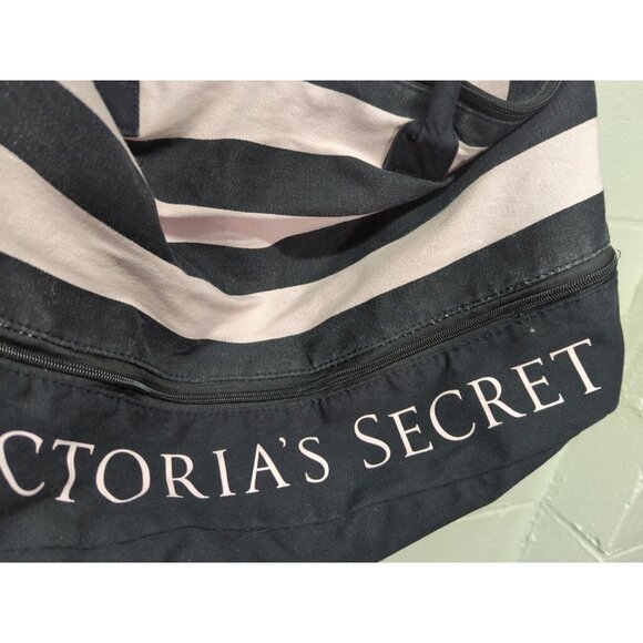 Victoria’s Secret Expandable Weekender Tote Bag Pink/Black Stripe Shoulder Strap - Picture 3 of 10